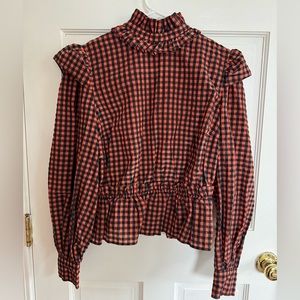 GANNI red + black seersucker check blouse in flame. Size 8